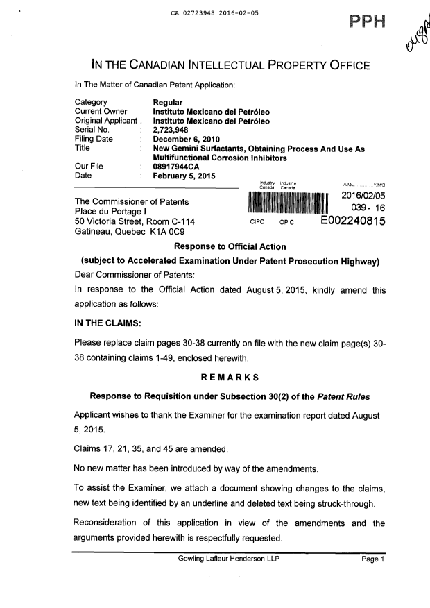 Document de brevet canadien 2723948. Poursuite-Amendment 20151205. Image 1 de 22