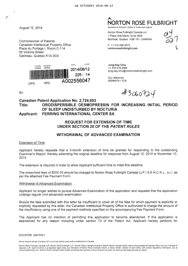 Document de brevet canadien 2724653. Correspondance 20131212. Image 1 de 2