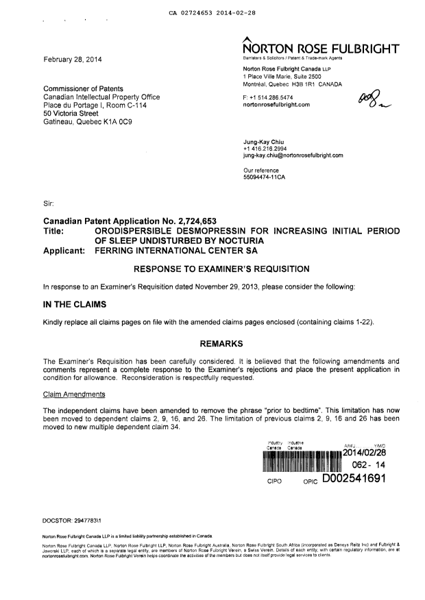 Document de brevet canadien 2724653. Poursuite-Amendment 20131228. Image 1 de 11