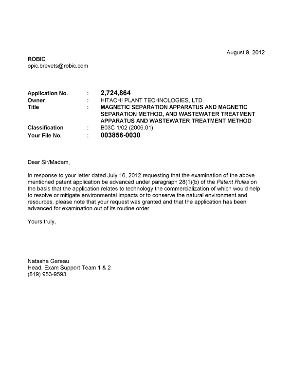 Document de brevet canadien 2724864. Poursuite-Amendment 20120809. Image 1 de 1