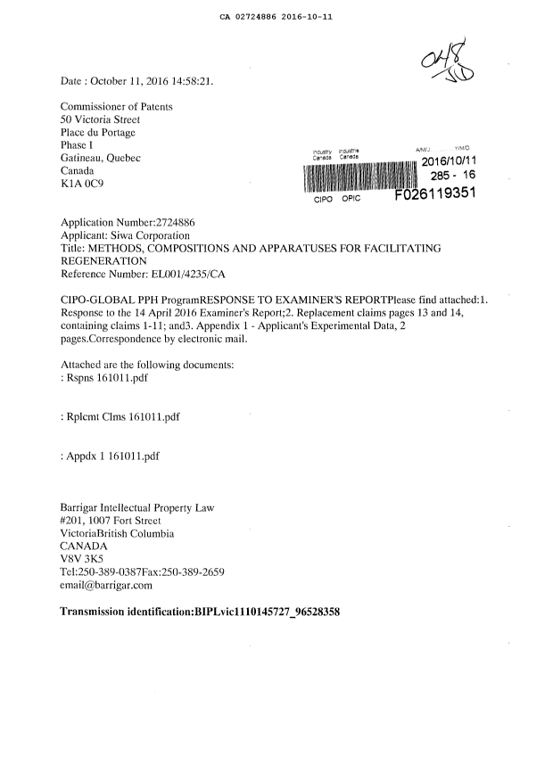 Document de brevet canadien 2724886. Poursuite-Amendment 20151211. Image 1 de 13