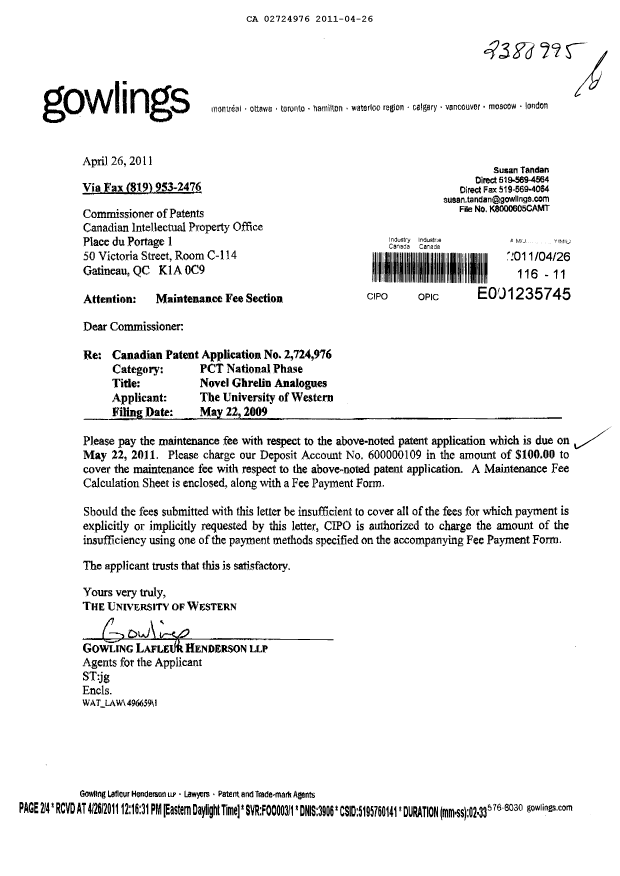 Document de brevet canadien 2724976. Taxes 20101226. Image 1 de 3