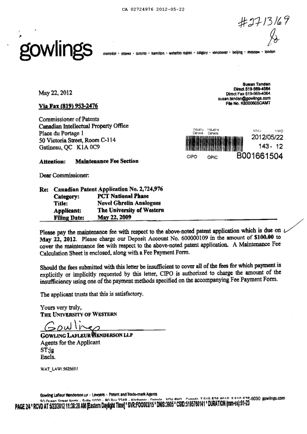 Document de brevet canadien 2724976. Taxes 20111222. Image 1 de 3