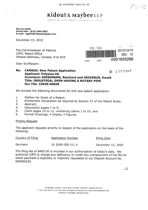 Document de brevet canadien 2725639. Cession 20101215. Image 1 de 4