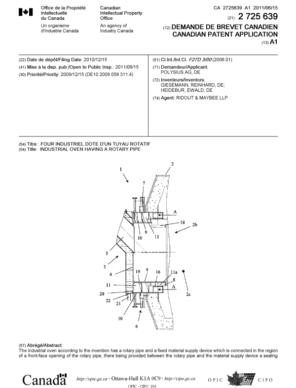 Document de brevet canadien 2725639. Page couverture 20110613. Image 1 de 2