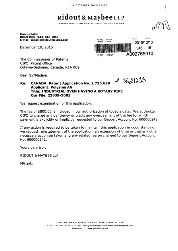 Document de brevet canadien 2725639. Requête d'examen 20151210. Image 1 de 1