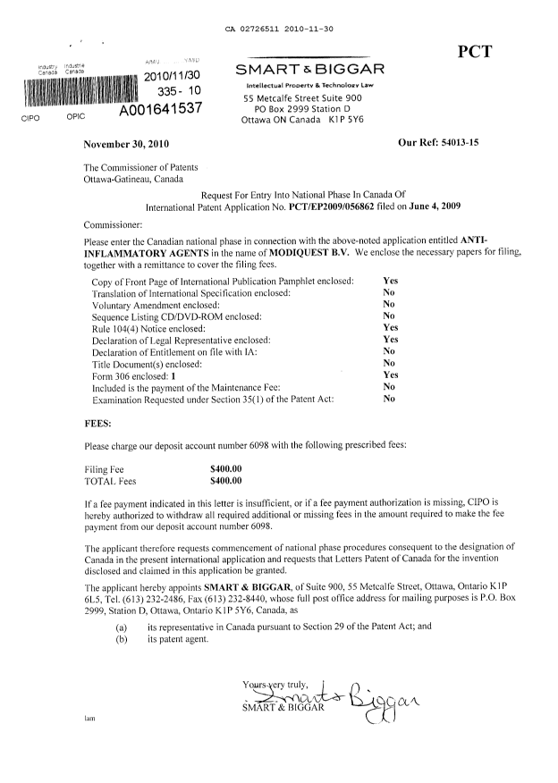 Document de brevet canadien 2726511. Cession 20101130. Image 1 de 2