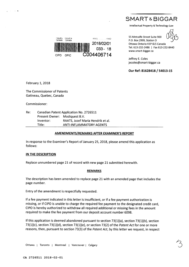 Canadian Patent Document 2726511. Amendment 20180201. Image 1 of 3