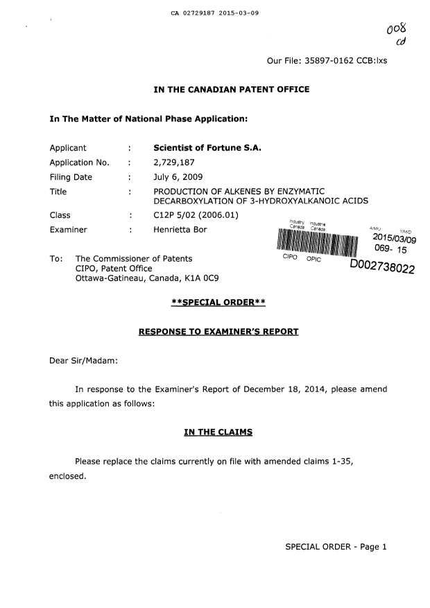 Canadian Patent Document 2729187. Prosecution-Amendment 20150309. Image 1 of 8
