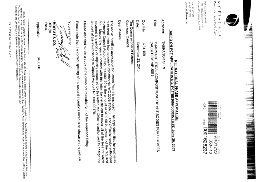 Document de brevet canadien 2729226. Cession 20091223. Image 1 de 5