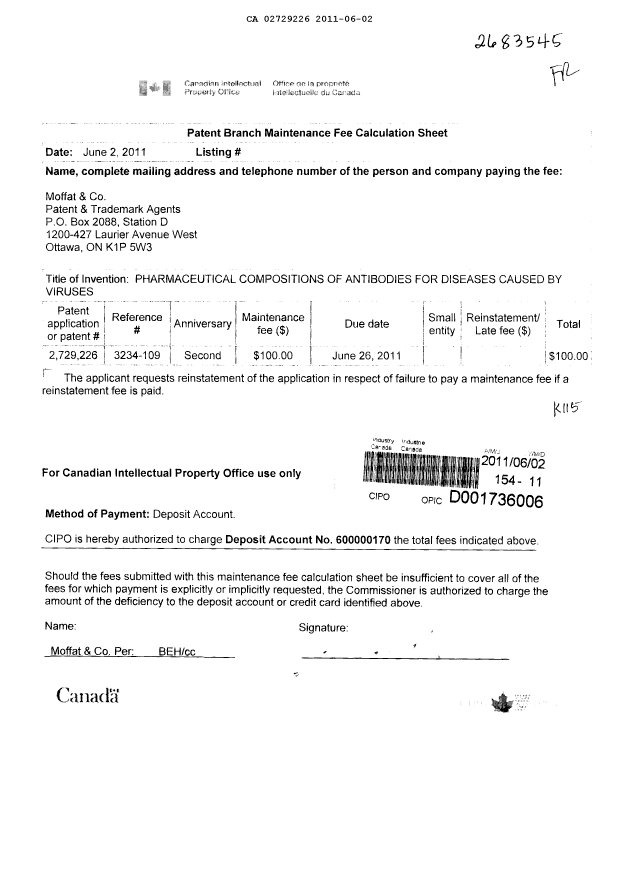 Canadian Patent Document 2729226. Fees 20101202. Image 1 of 1