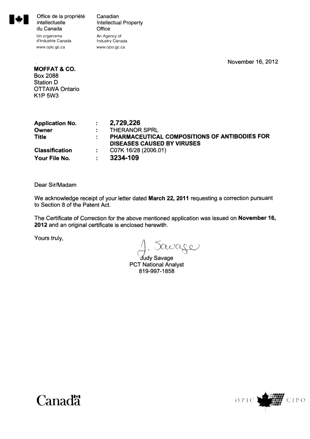 Document de brevet canadien 2729226. Poursuite-Amendment 20111216. Image 1 de 2