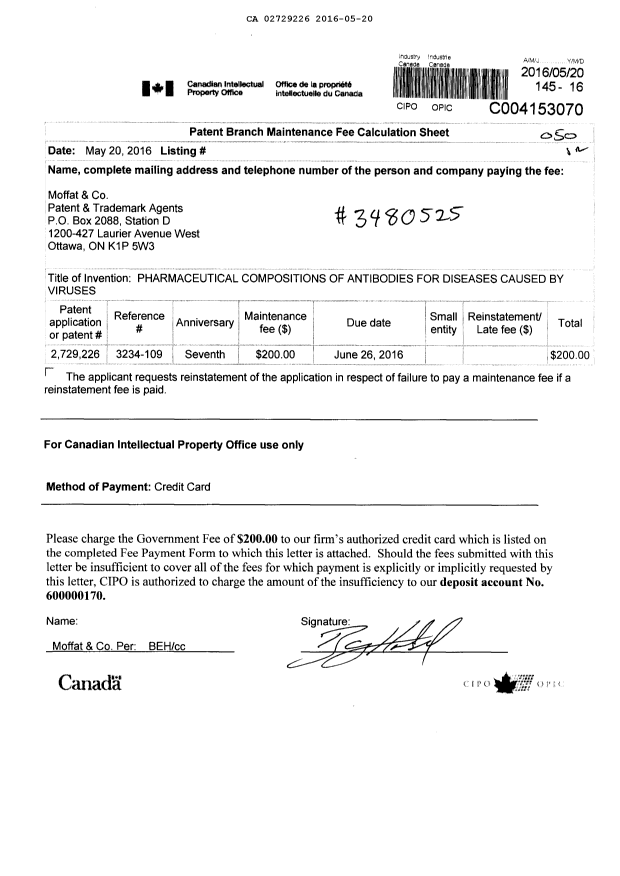 Canadian Patent Document 2729226. Fees 20151220. Image 1 of 1