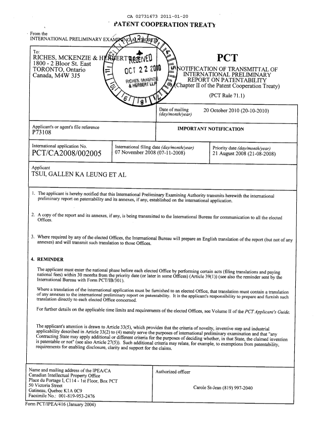 Document de brevet canadien 2731673. PCT 20110120. Image 1 de 9
