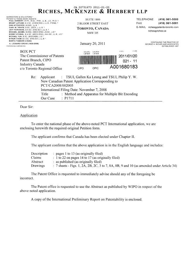 Document de brevet canadien 2731673. Cession 20110120. Image 1 de 4