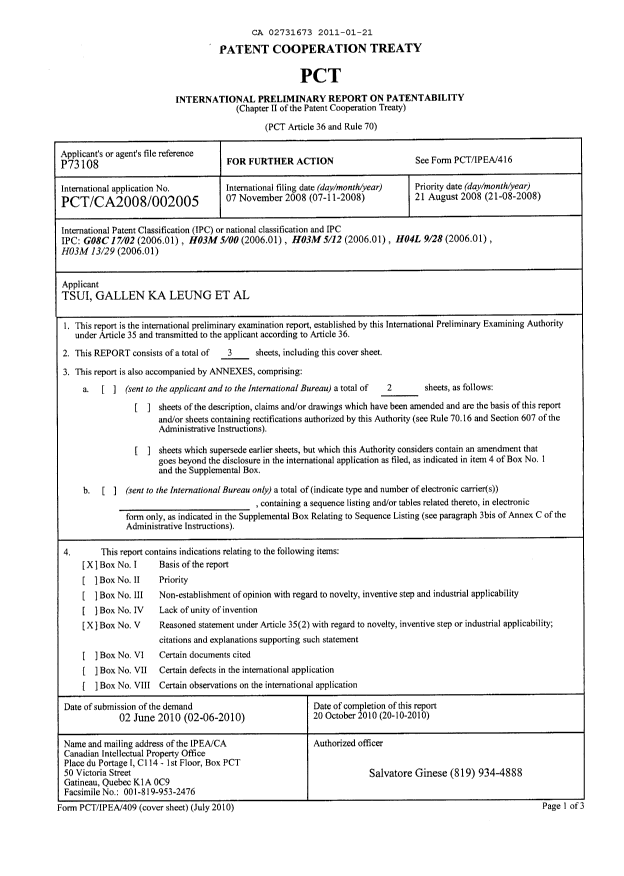 Document de brevet canadien 2731673. PCT 20110121. Image 1 de 3