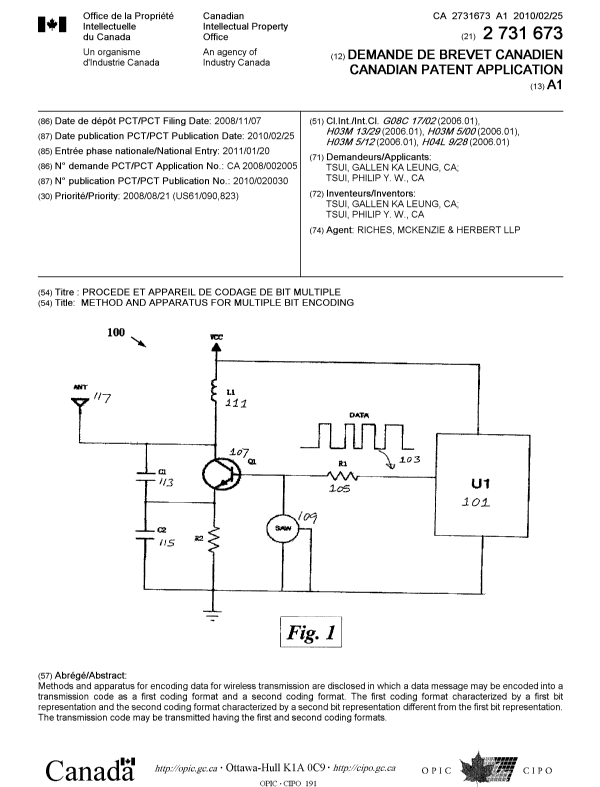 Canadian Patent Document 2731673. Cover Page 20110321. Image 1 of 1