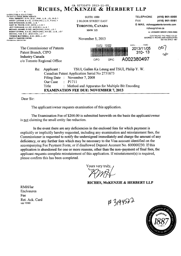 Document de brevet canadien 2731673. Poursuite-Amendment 20131105. Image 1 de 1