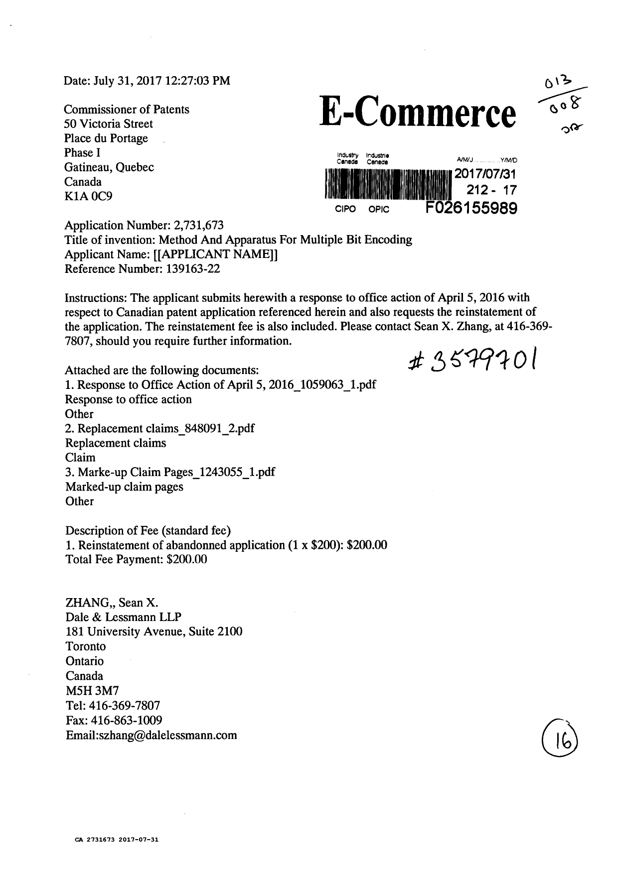 Canadian Patent Document 2731673. Amendment 20170731. Image 1 of 16