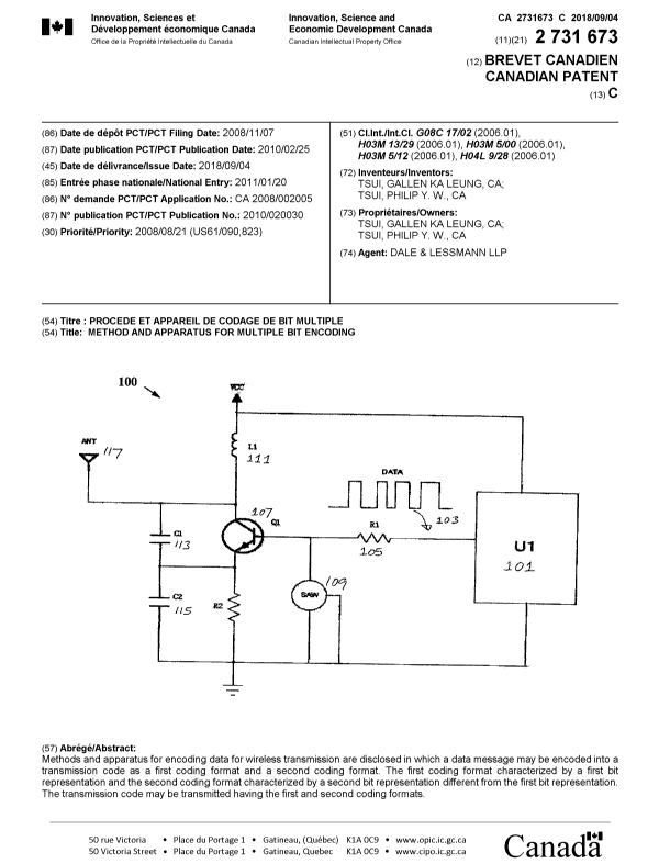 Document de brevet canadien 2731673. Page couverture 20180803. Image 1 de 1