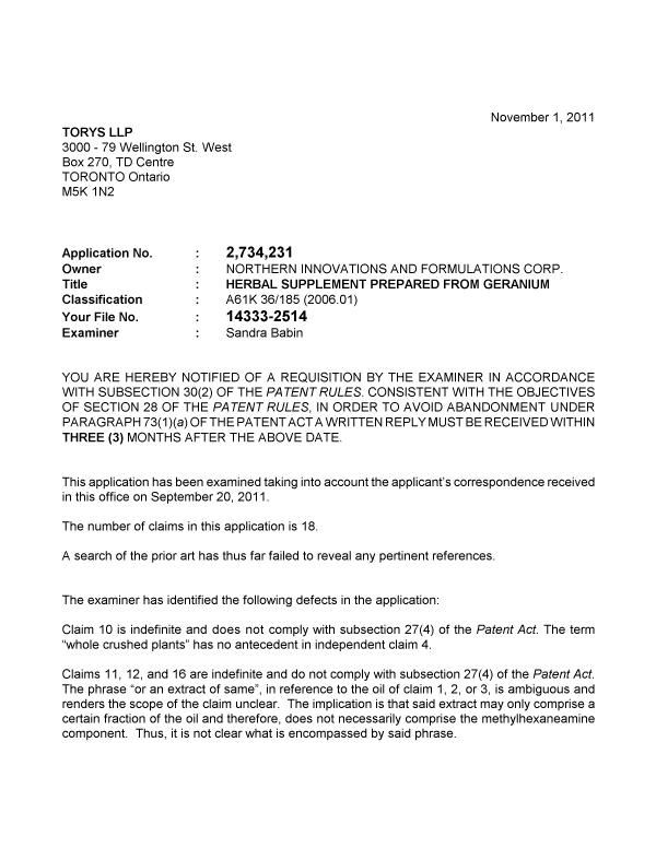 Canadian Patent Document 2734231. Prosecution-Amendment 20101201. Image 1 of 2