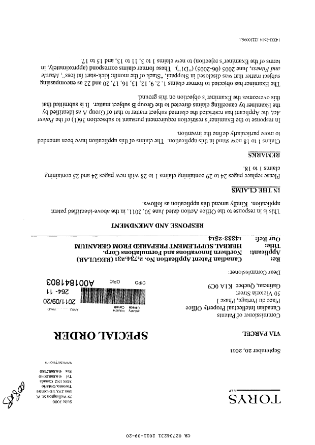 Canadian Patent Document 2734231. Prosecution-Amendment 20101220. Image 1 of 6