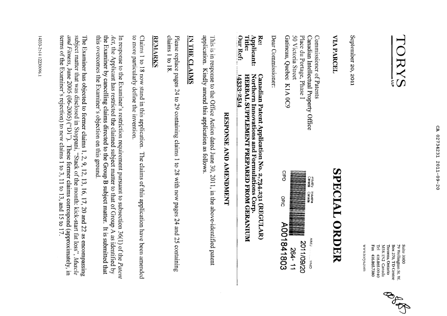 Document de brevet canadien 2734231. Poursuite-Amendment 20101220. Image 1 de 6