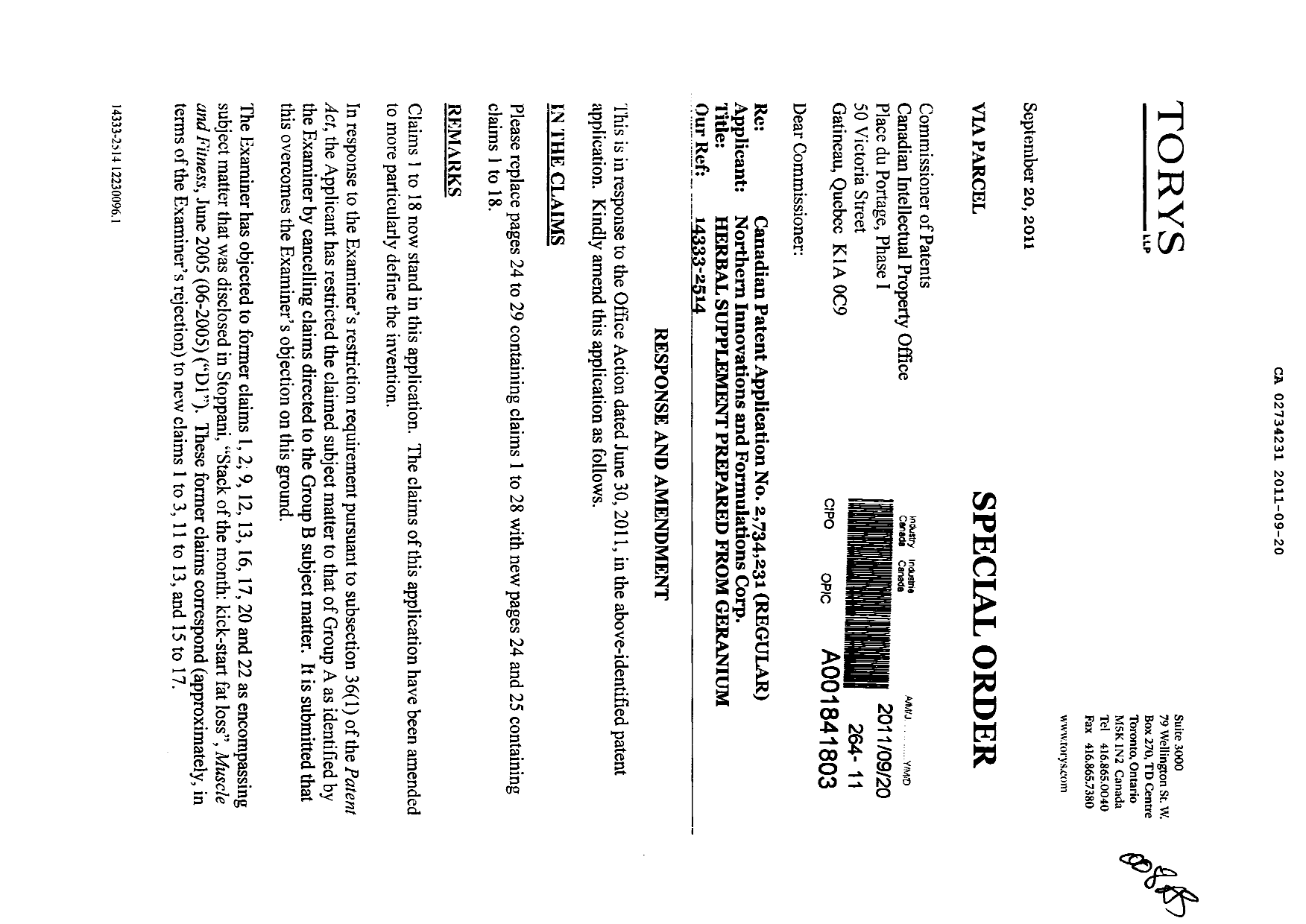 Canadian Patent Document 2734231. Prosecution-Amendment 20101220. Image 1 of 6
