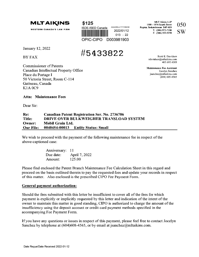 Canadian Patent Document 2736706. Maintenance Fee Payment 20220112. Image 1 of 3