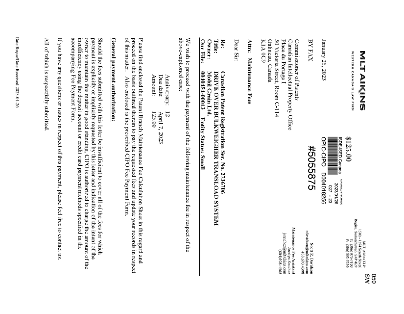 Canadian Patent Document 2736706. Maintenance Fee Payment 20230126. Image 1 of 3
