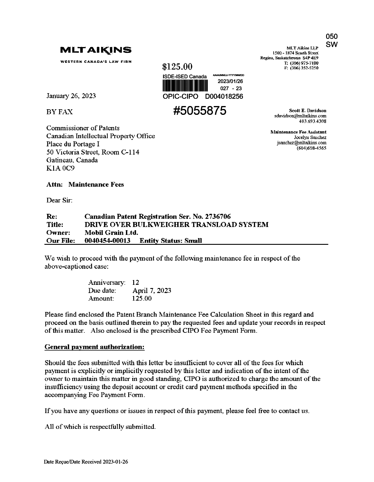 Canadian Patent Document 2736706. Maintenance Fee Payment 20230126. Image 1 of 3