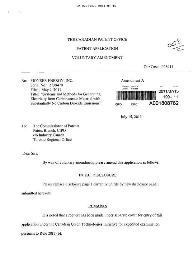 Document de brevet canadien 2739420. Poursuite-Amendment 20110715. Image 1 de 4