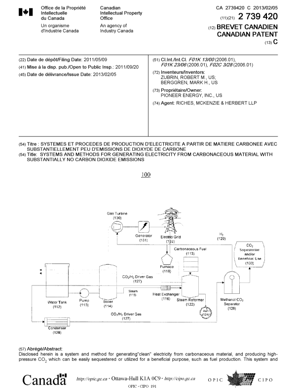 Document de brevet canadien 2739420. Page couverture 20130116. Image 1 de 2