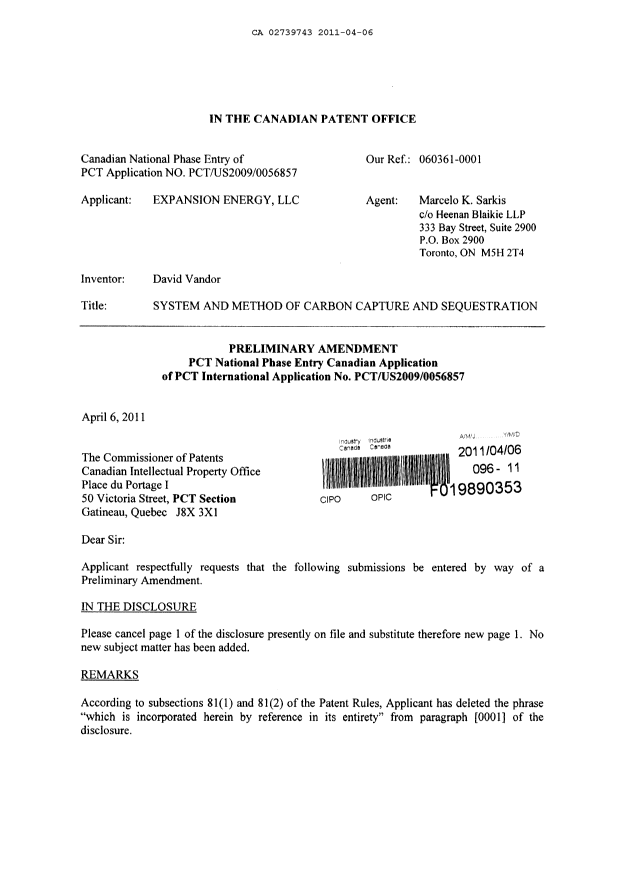 Canadian Patent Document 2739743. Prosecution-Amendment 20110406. Image 1 of 3