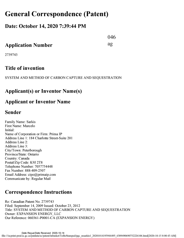 Document de brevet canadien 2739743. Déclaration de petite entité 20201014. Image 1 de 4