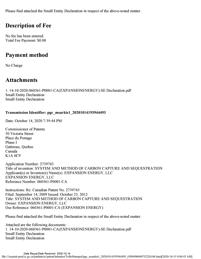 Document de brevet canadien 2739743. Déclaration de petite entité 20201014. Image 2 de 4