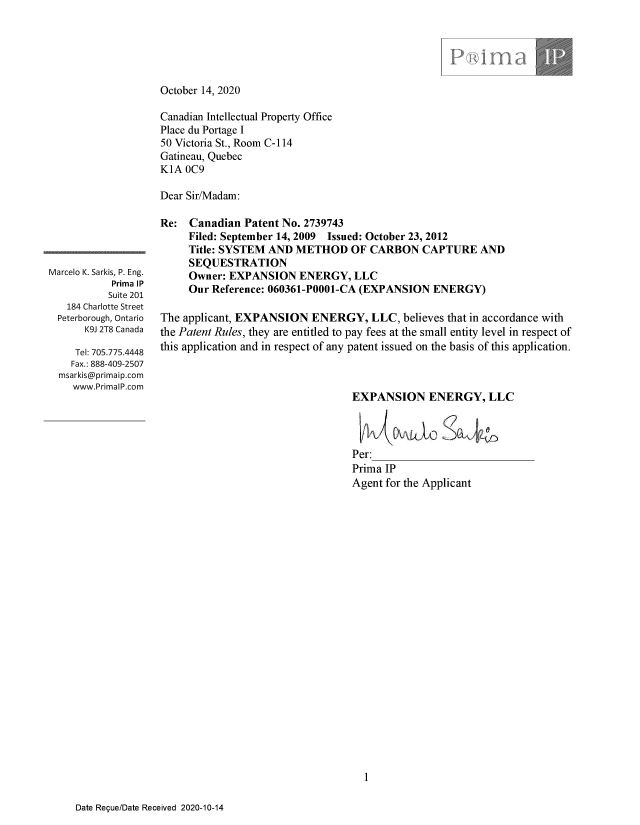 Document de brevet canadien 2739743. Déclaration de petite entité 20201014. Image 4 de 4