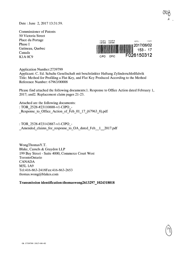 Canadian Patent Document 2739799. Amendment 20170602. Image 1 of 7