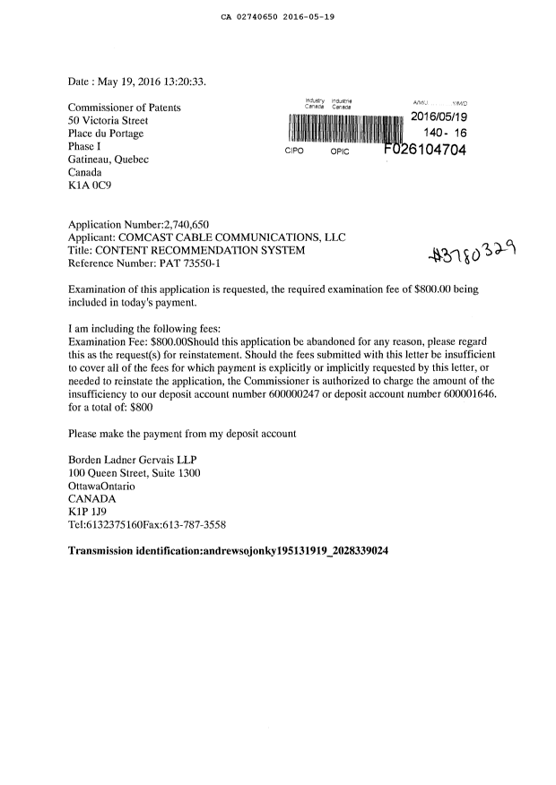 Document de brevet canadien 2740650. Requête d'examen 20160519. Image 1 de 1