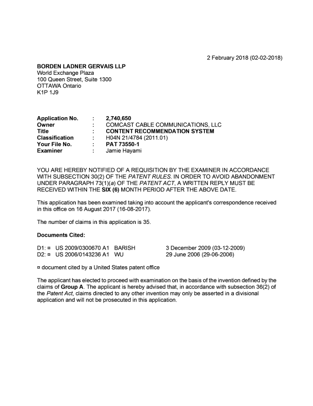Document de brevet canadien 2740650. Demande d'examen 20180202. Image 1 de 4