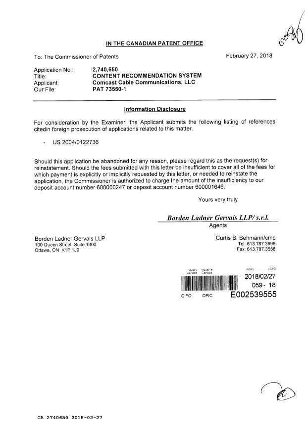 Document de brevet canadien 2740650. Modification 20180227. Image 1 de 1