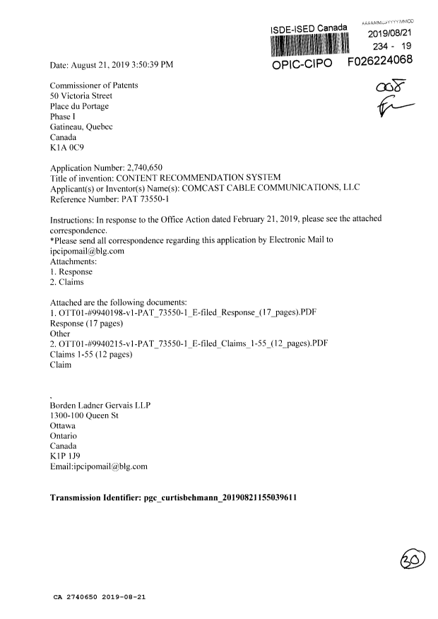 Document de brevet canadien 2740650. Modification 20190821. Image 1 de 30