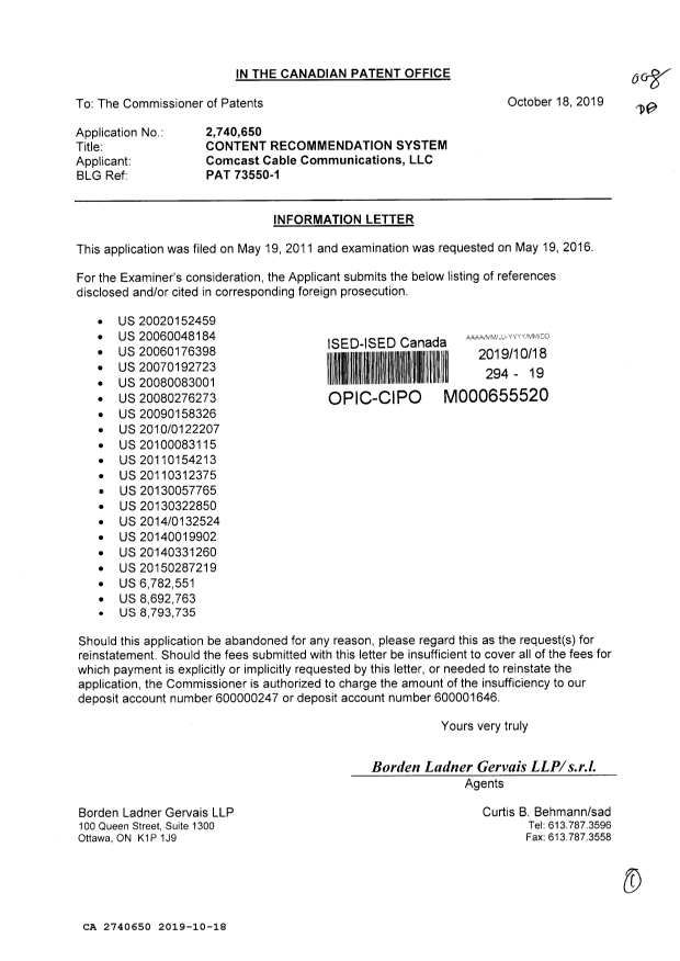 Document de brevet canadien 2740650. Modification 20191018. Image 1 de 1