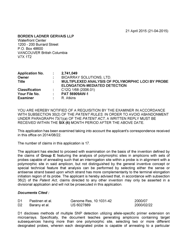 Document de brevet canadien 2741049. Poursuite-Amendment 20150421. Image 1 de 5