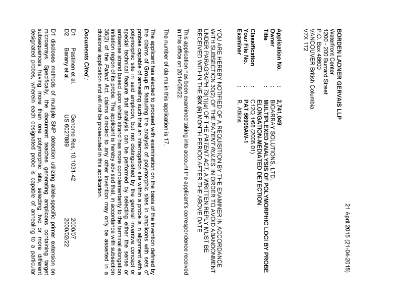 Canadian Patent Document 2741049. Prosecution-Amendment 20150421. Image 1 of 5