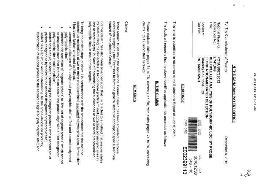 Canadian Patent Document 2741049. Amendment 20161206. Image 1 of 10