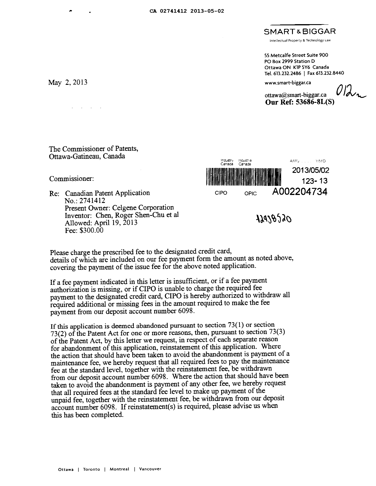 Canadian Patent Document 2741412. Correspondence 20121202. Image 1 of 2