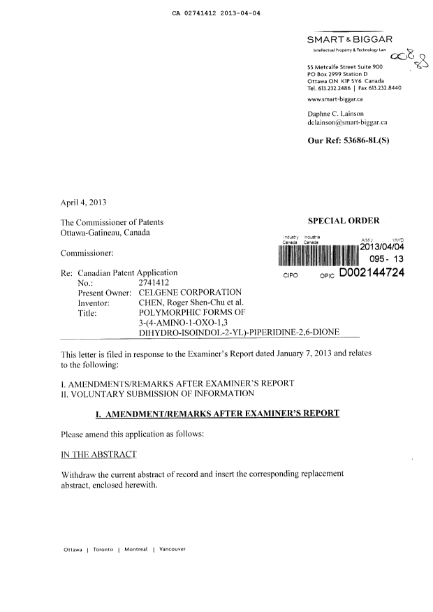 Document de brevet canadien 2741412. Poursuite-Amendment 20121204. Image 1 de 23