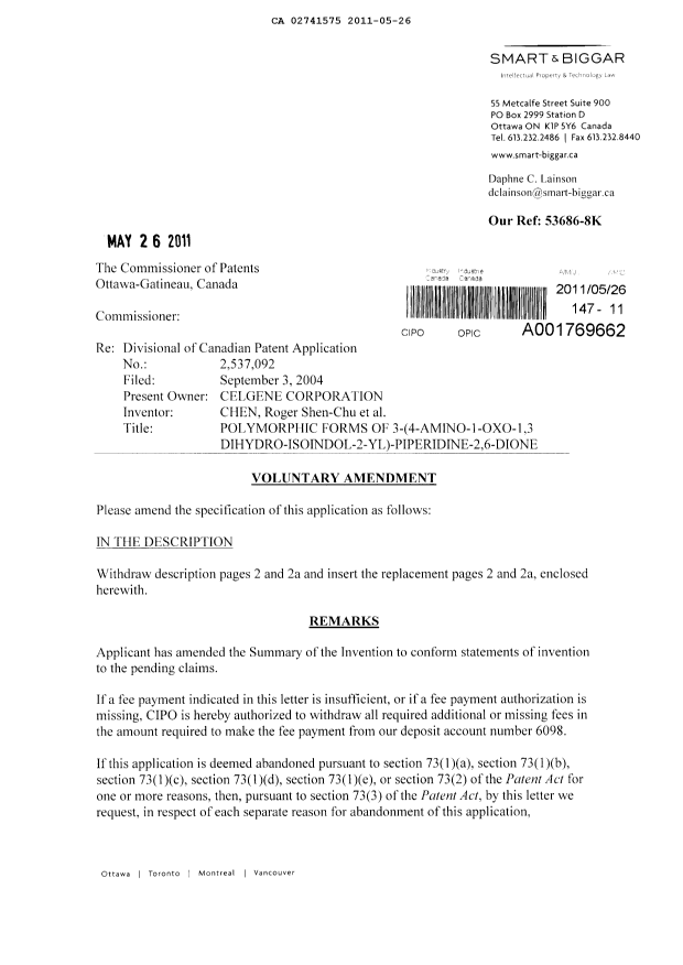 Canadian Patent Document 2741575. Prosecution-Amendment 20101226. Image 1 of 27