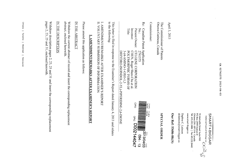 Document de brevet canadien 2741575. Poursuite-Amendment 20121203. Image 1 de 20
